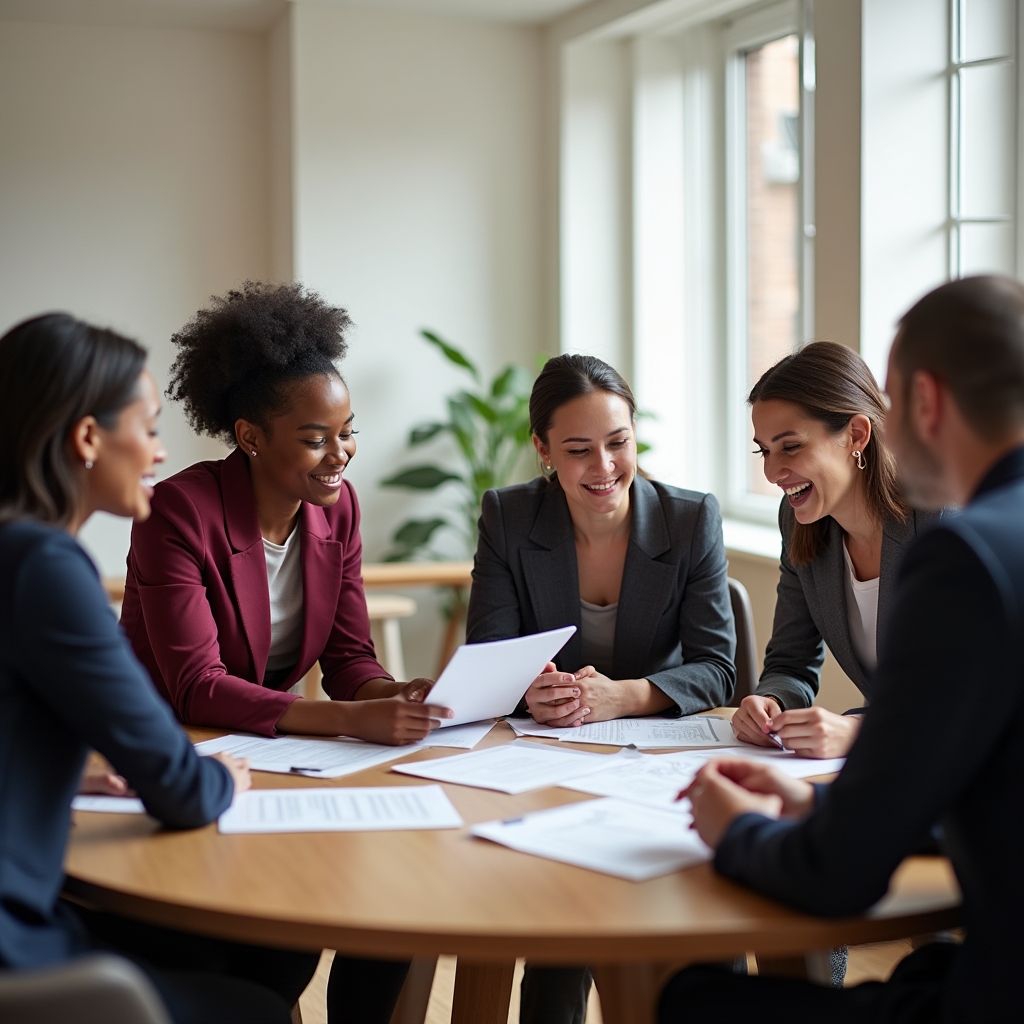 Diverse group of nonprofit workers gathered around a table reviewing community outreach materials in a warmly lit meeting room, expressions of determination and purpose