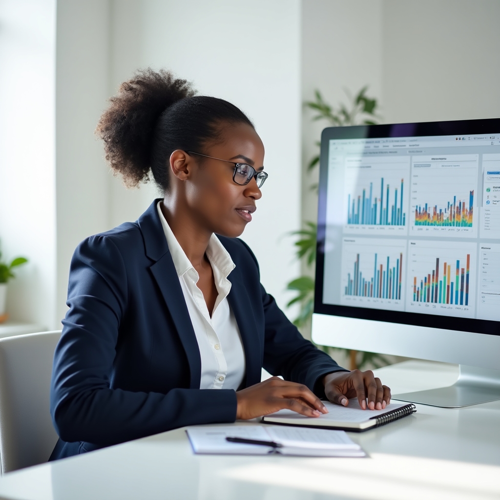 Experienced consultant reviewing nonprofit website analytics on a desktop monitor in a bright Chicago office