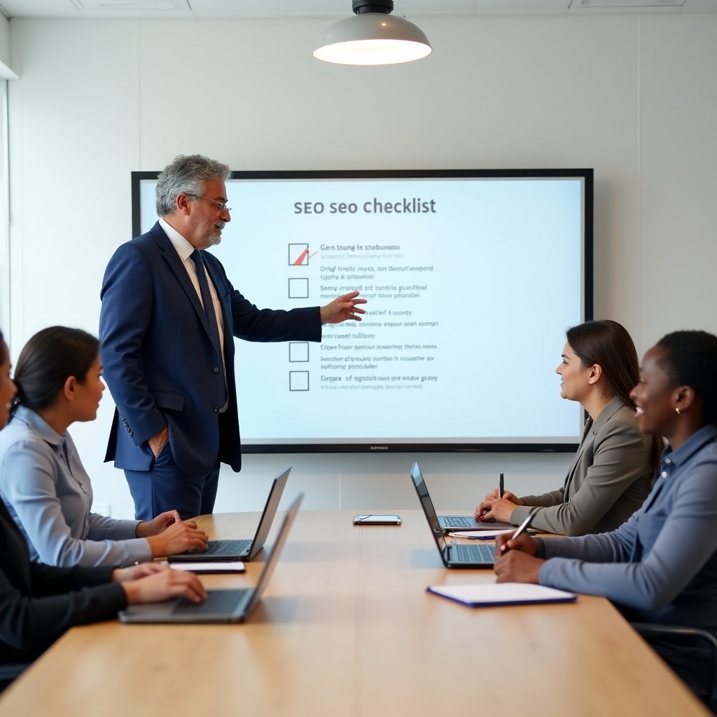 Consultant leading a small group training session for nonprofit staff members around a conference table with laptops open, engaged and taking notes in a bright training room
