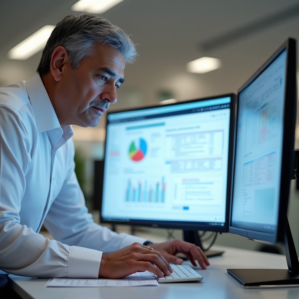 Consultant analyzing nonprofit website structure and technical SEO issues on dual monitors in a clean workspace