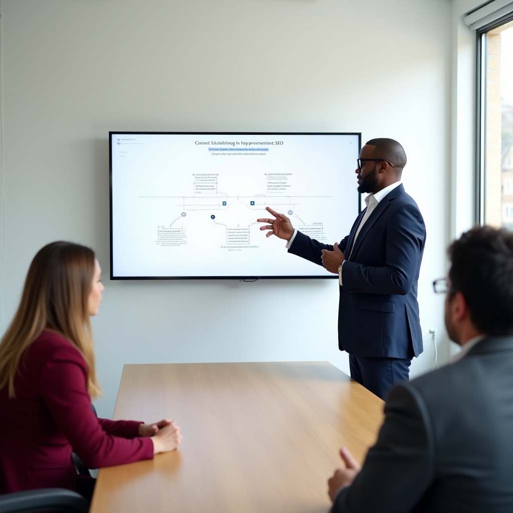 Senior consultant presenting SEO strategy to nonprofit executive director on a large screen in a minimal conference room, both focused and engaged