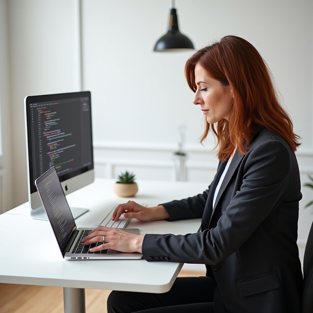 Focused consultant reviewing technical website code and SEO diagnostics on a laptop in a bright Scandinavian-style workspace, concentrated expression